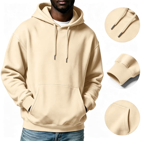 CCRFTGI Mens Casual Oversized Hooded Collar Drawstring Hoodies Pullover Sweatshirts Casual Long Sleeve Shirts with Pocket Beige L