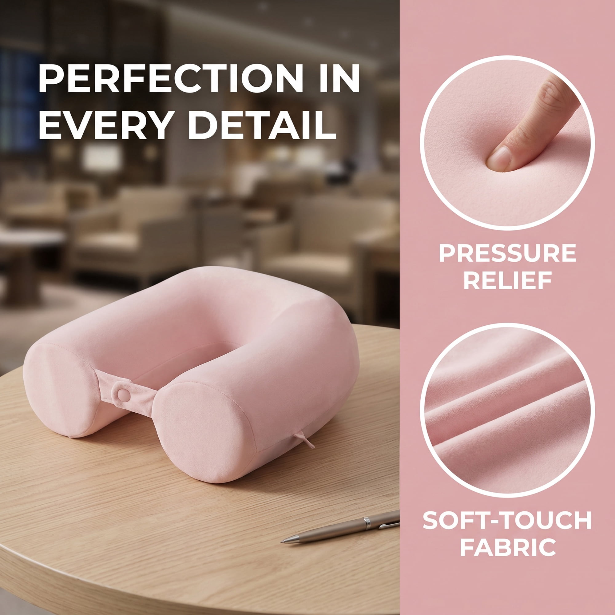 Unique Bargains Memory Foam Neck Pillow U Shape Snap Closure for Airplane Pink 25"x4"