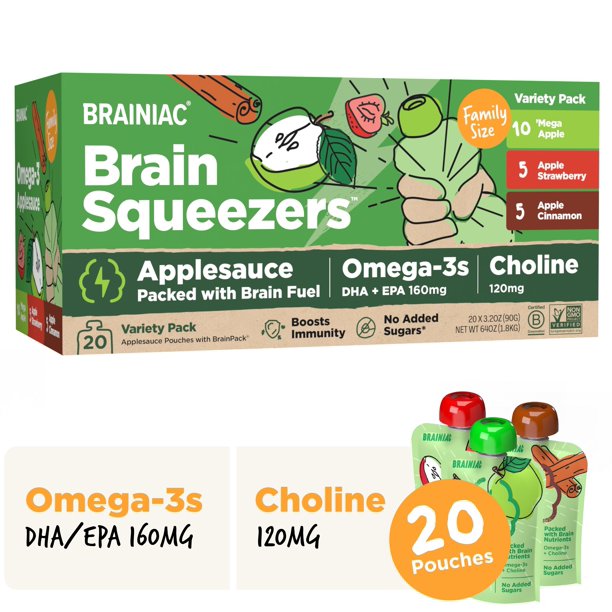 Brainiac Omega3 Applesauce Variety Pack, No Sugar Added, 3.2oz, 20 Ct