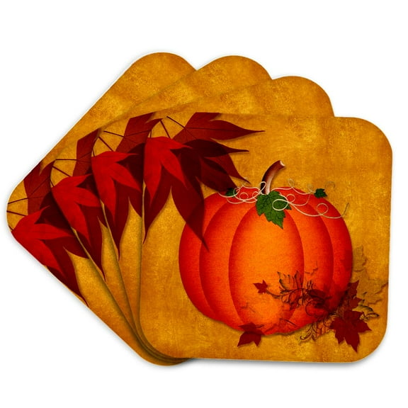 3drose, Large Orange Pumpkin with Golden Grunge and Autumn Maple Leaves, Set of 4 Coasters - Soft
