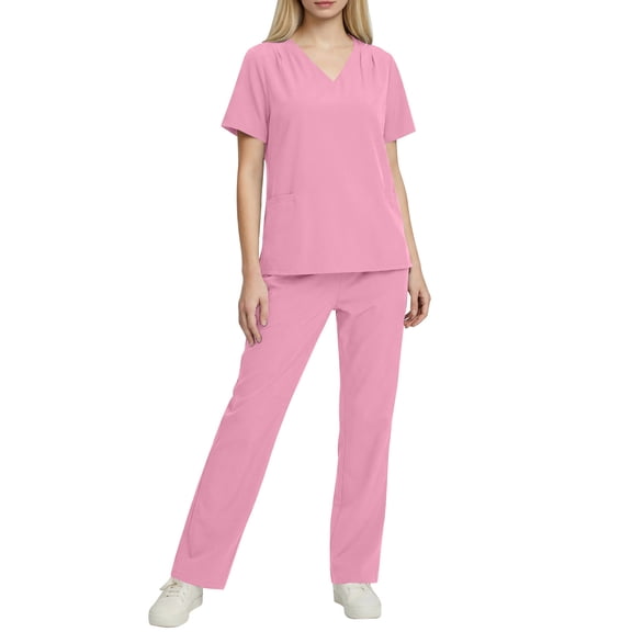 Erwazi Womens Scrubs Set V Neck Top Elastic Pants Nurse Workwear Outfit Mulit Pockets Uniform Sets
