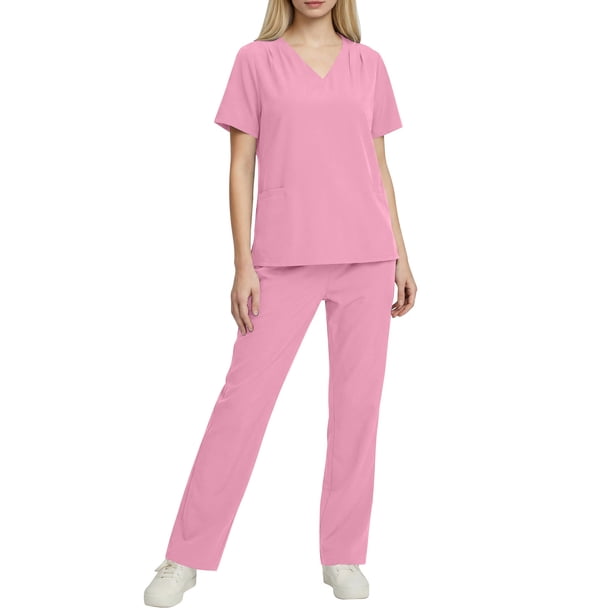 Conjunto de uniforme médico para mujer, color sólido, 2 piezas, camiseta de manga corta con cuello en V y pantalones con cintura elástica, uniforme de enfermería con bolsillos.