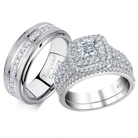 Newshe Jewellery Wedding Rings Set for Him and Her Women Mens Tungsten Bands AAAAA Cz Princess Cross 2.3Ct 925 Sterling Silver Size 9&7