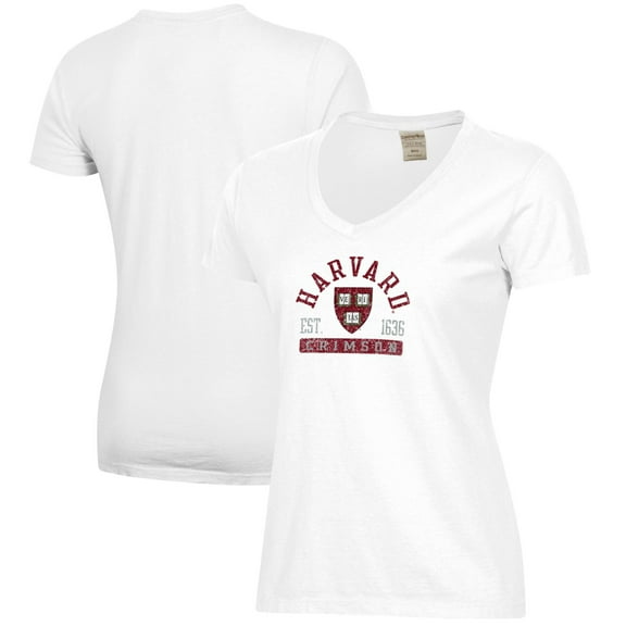 Women's  White Harvard Crimson Arch Logo Comfort Wash V-Neck T-Shirt