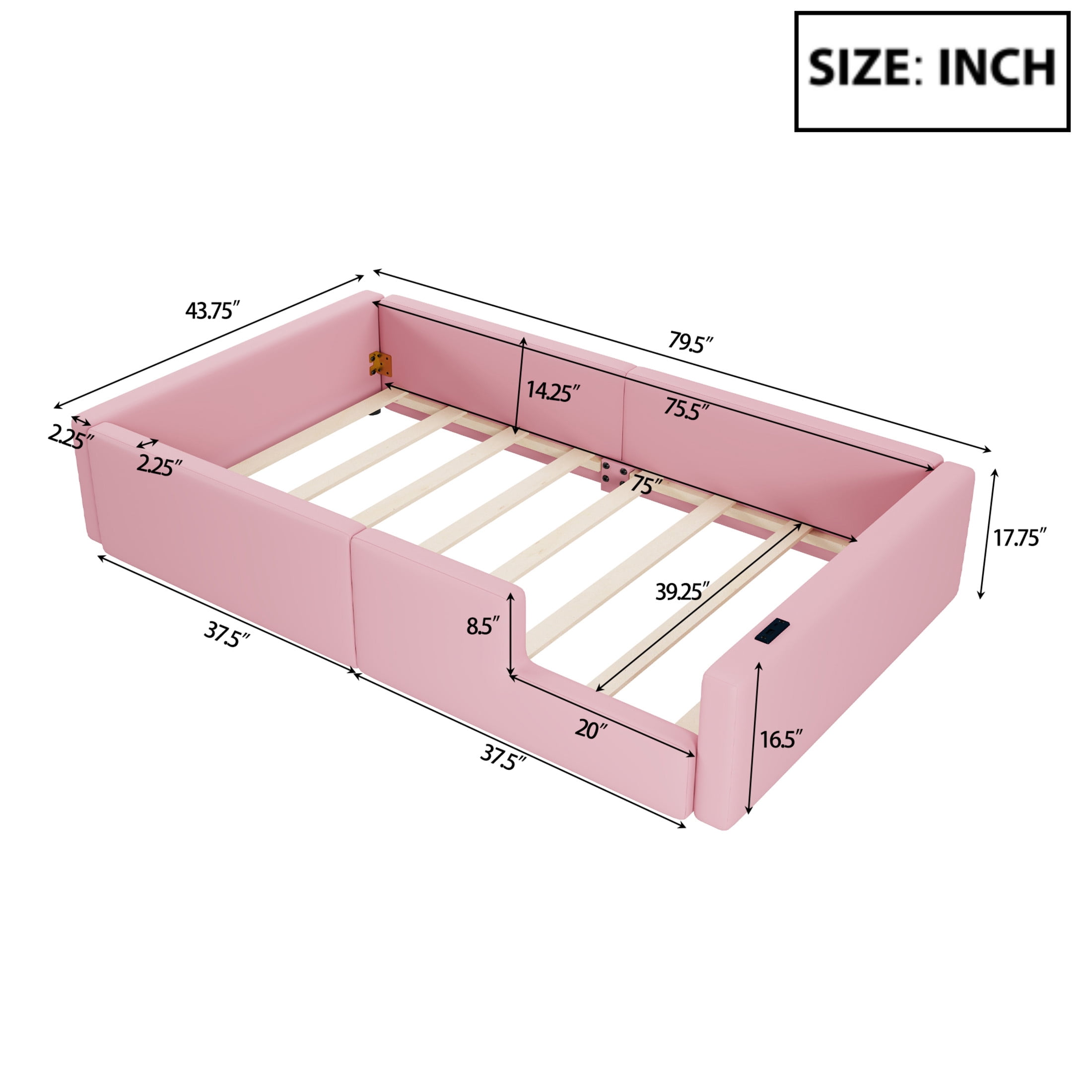 Noble House Twin Upholstered Platform Bed, PU Leather Frame with Charging Station and Guardrail, Space Saving, Pink