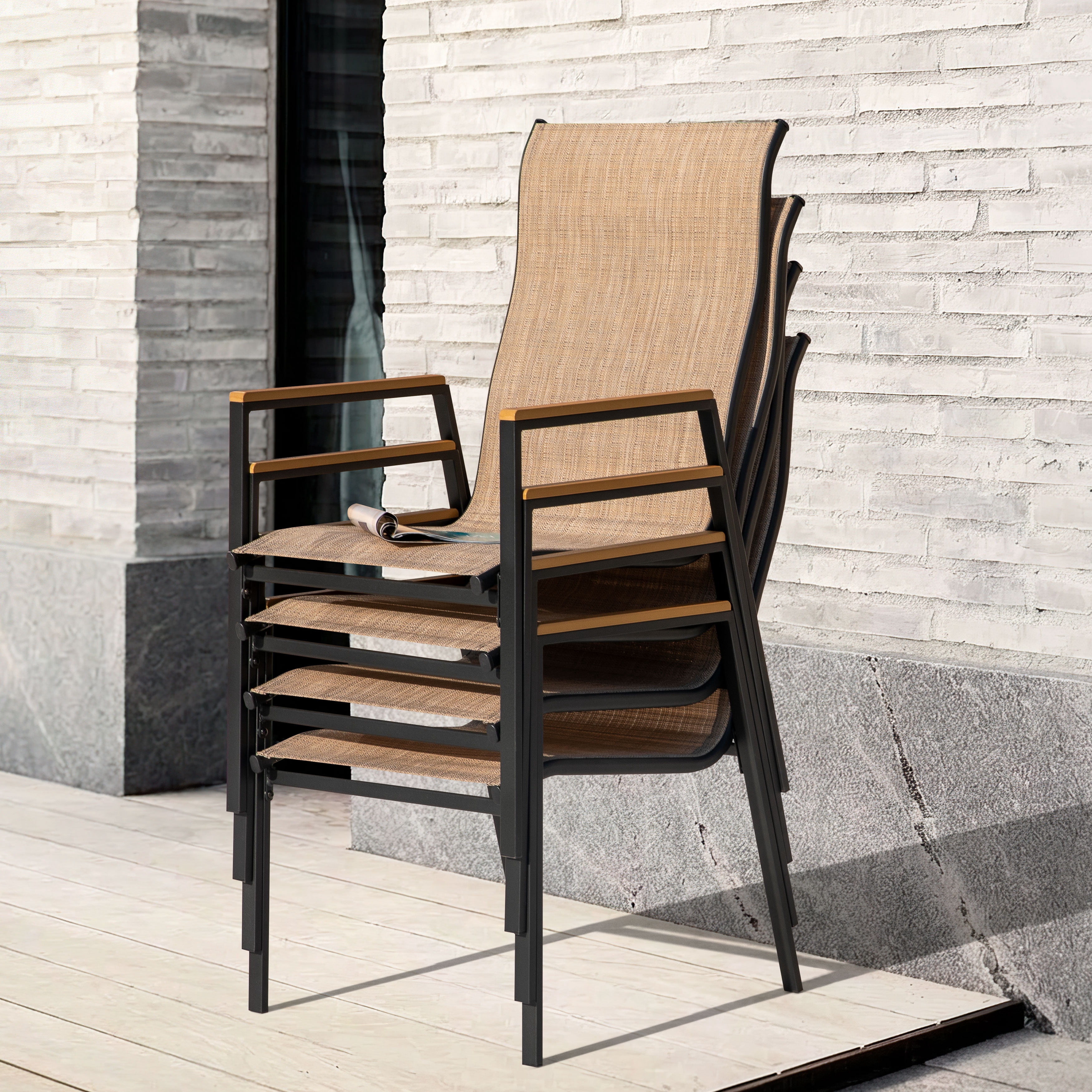Nuu Garden Outdoor Patio Dining Chairs Set of 4, Stackable Outdoor Dining Chairs with High Back, Wide Seat and Faux Wood Armrests, Breathable Textilene, Powder-Coated Frame for Outside, Khaki