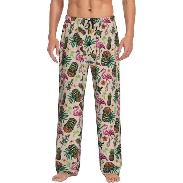 Kdxio Tropical Mask Flamingo Pattern Men's Pajama Pants, Elastic Waist with Drawstring and Pockets, Comfortable Loungewear-Large