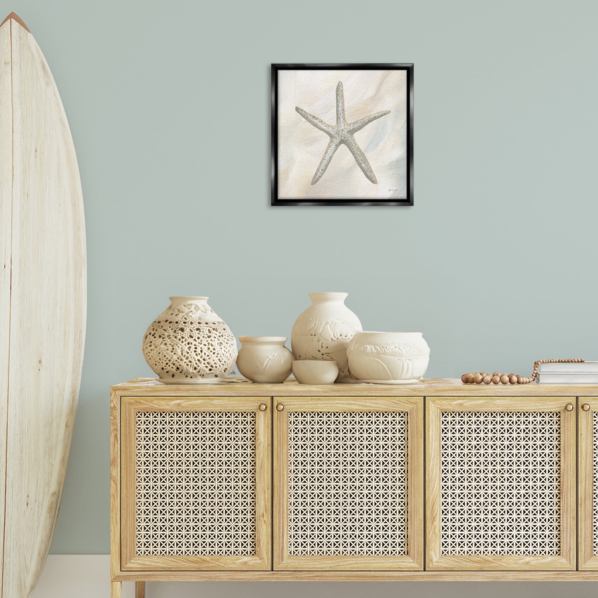 Stupell Industries Minimal Beige Starfish Coastal Painting Black Floater Framed Canvas Art Print Wall Art, 18 x 18