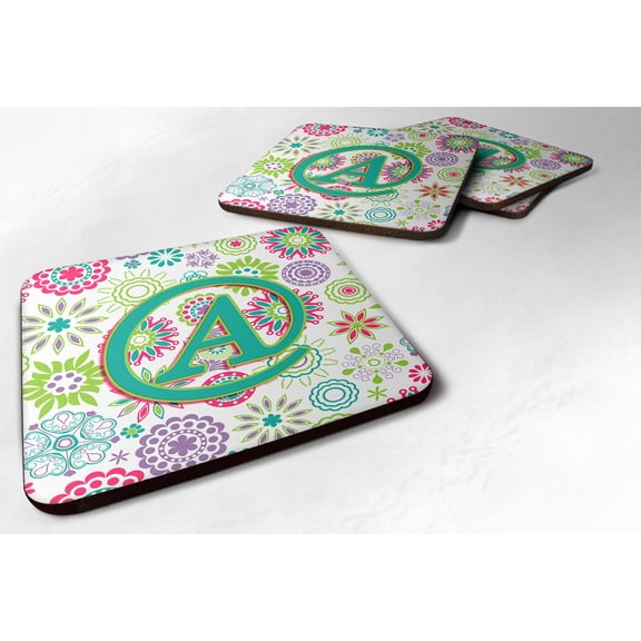 Letter A Flowers Pink Teal Green Initial Foam Coaster Set of 4