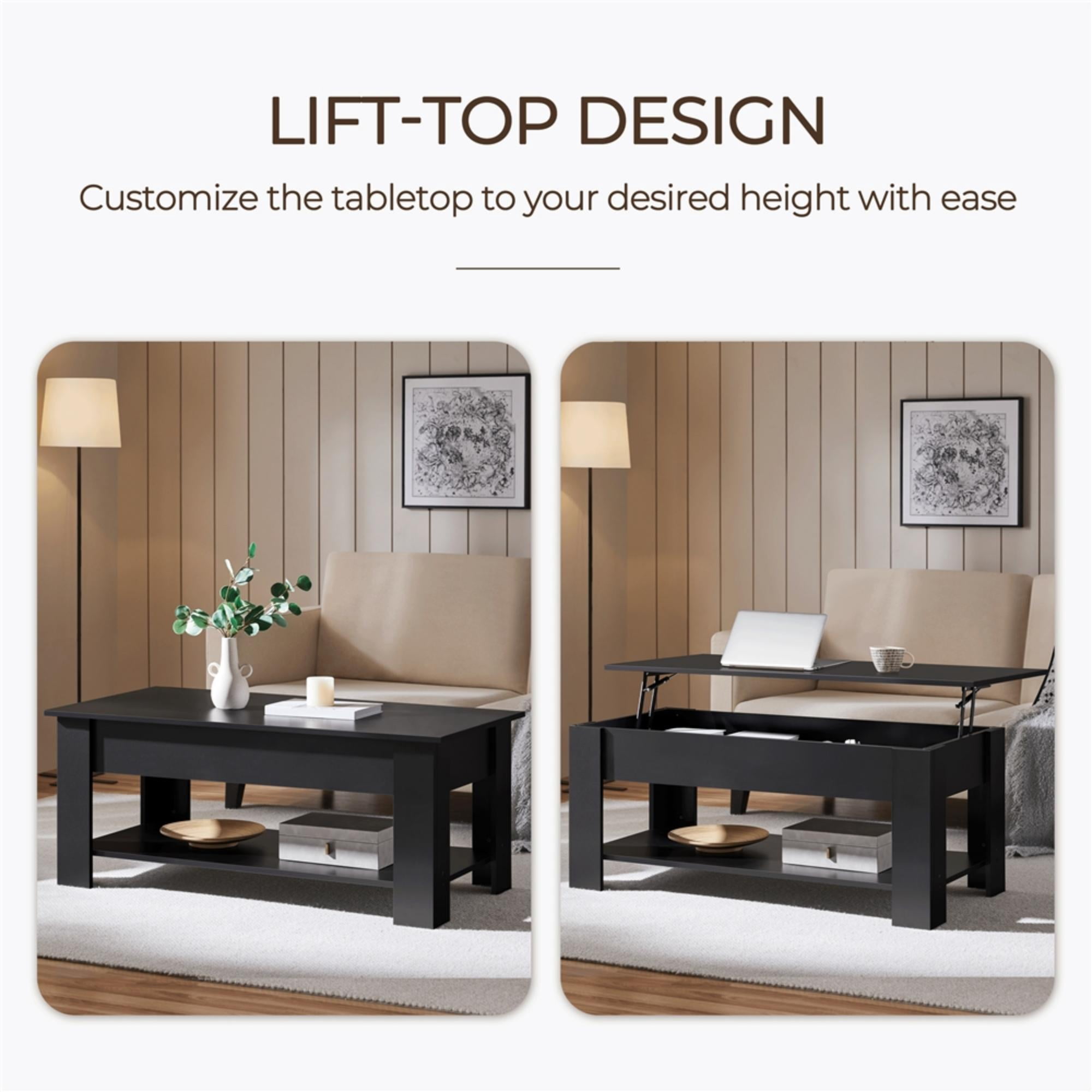Alden Design Modern 47.5" Wood Lift Top Coffee Table with Lower Shelf for Livingroom, Black