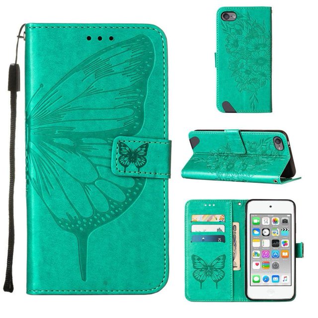 Funda para iPod Touch 7/6/5 con relieve de mariposa, tapa abatible magnética de cuero premium