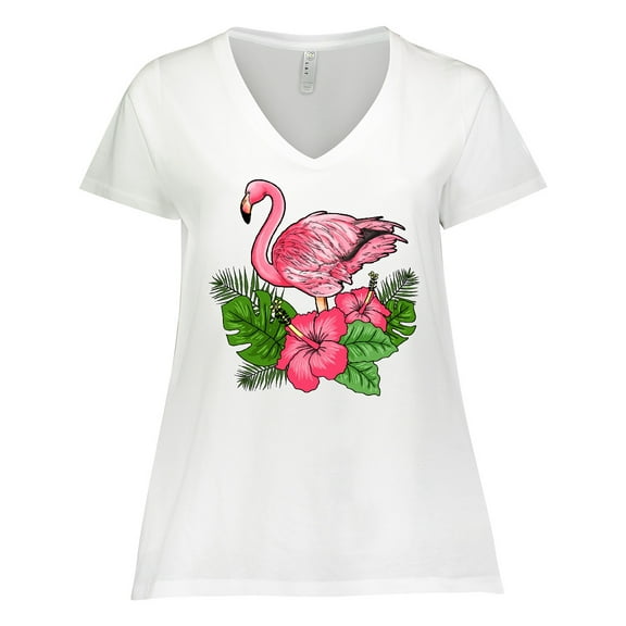 Inktastic Flamingo with Tropical Flowers Women's Plus Size V-Neck T-Shirt