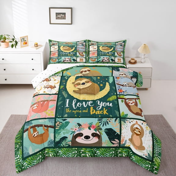 Homewish Children Kawaii Sloth 2pcs Bedding Comforter Set,Botanical Plants Leaves Twin Comforter Sets,Geometric Plaid Breathable Bedding Set,Breathable Home Decor,Reversible