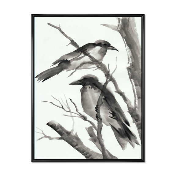 Designart 'Vintage Black and White Sleeping Crows' Traditional Framed Canvas Wall Art Print