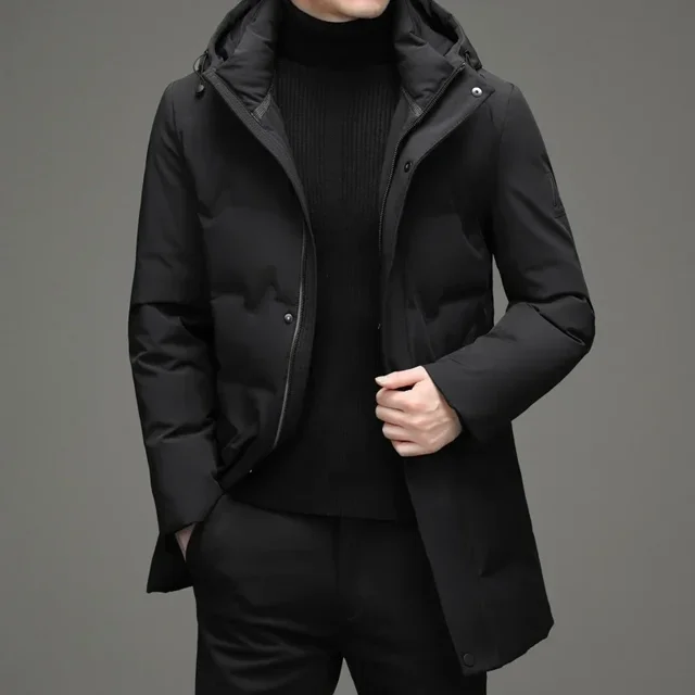 Chaqueta de plumón de longitud media para hombre, nueva chaqueta de invierno 2024 de color sólido grueso con capucha para hombre, abrigo para hombre con protección contra el frío