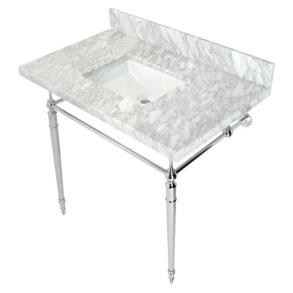Kingston Brass KVPB3622M8SQ1 Edwardian 36" Carrara Marble Console Sink with Brass Legs (8-Inch, 3-Hole), Carrara Marble White/Polished Chrome