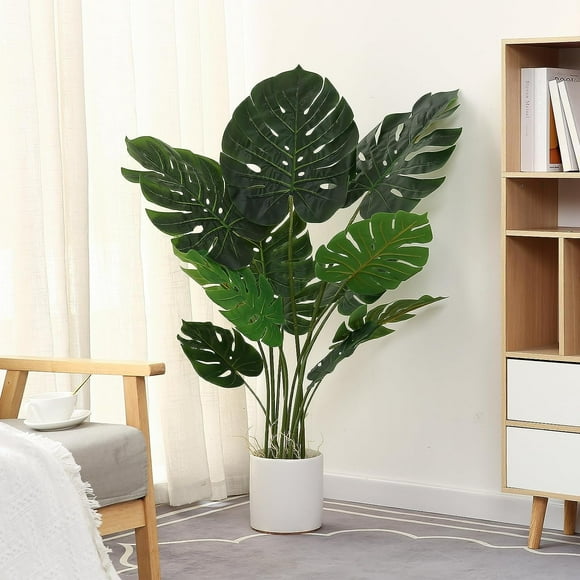 4FT Tall Fake Swiss Cheese Plant Potted Faux Tropical Floor Plants Indoor Decorative House Plants Artificial Palm Trees for Home Office Living Room Decor, 2 Pack