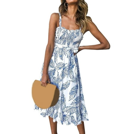 A-line Square Neck - DYMADE Women's Summer Square Neck Sleeveless Leaf Print Casual A-line Beach Maxi Dress