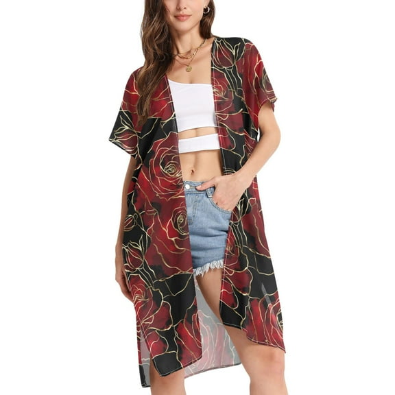 joogoo Women's Red Rose Flower with Gold Beach Cover Up Kimono Swimsuit Summer Cardigan Swimwear S
