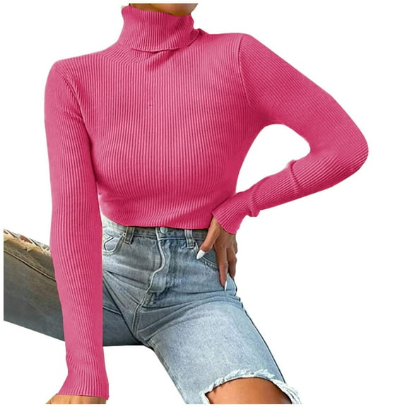 JGGSPWM Solid Ribbed Knit Slim Fit Sweaters for Womens Turtleneck Long Sleeve Pullover Soft Breathable Sweater Well-dressed Jumper Cotton Soft Tops Hot Pink L