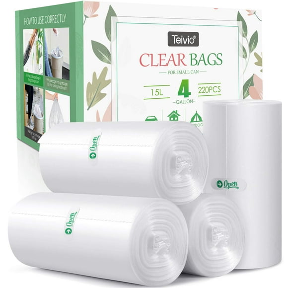 Bolsas de basura Teivio de 4 galones, 220 unidades, para 12 a 15 litros, transparentes