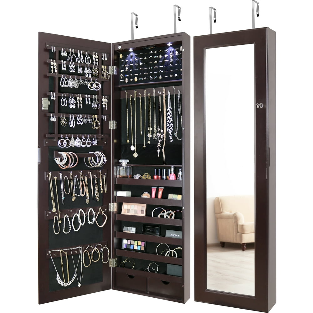 GRC Over The Door Jewelry Organizer Armoire with Large Mirror and Led