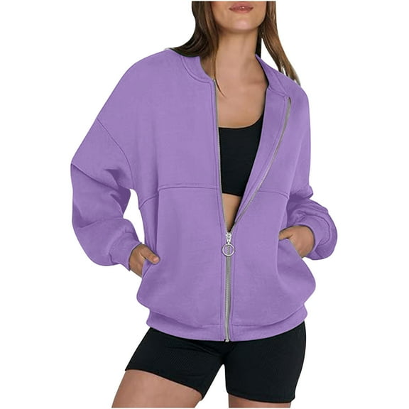 Atogsazn Womens Zip Up Sweatshirt Oversized Casual Long Sleeve Jacket Loose Fit Sweater Lightweight Tops with Pocket Purple L Fashion
