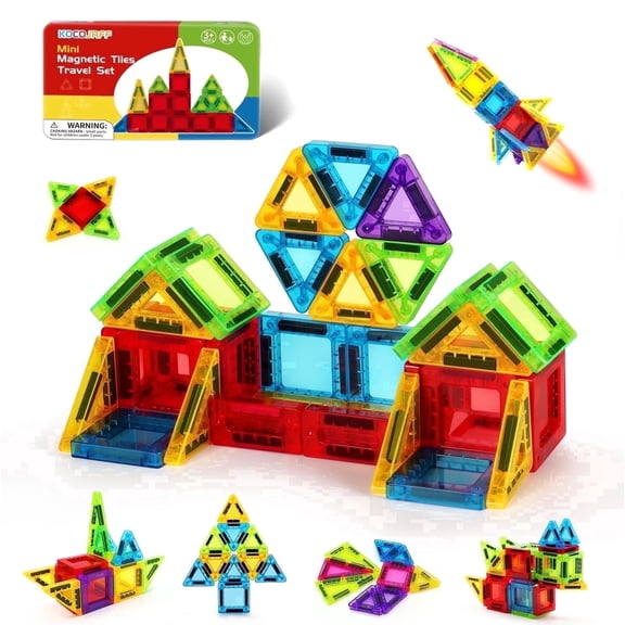 Mini Magnetic Tiles Travel Set with Metal Storage Box, STEM Magnet Building Toy for Kids 3-12, Gift for Toddler Boys & Girls