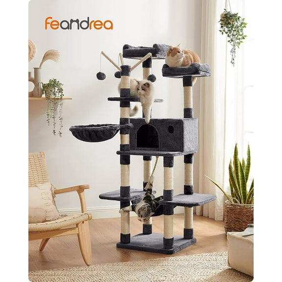 FEANDREA Árbol para gatos, torre grande para gatos, 64.6 pulgadas, centro de actividades para gatos con hamaca, canasta, palos de bola de piel extraíbles, condominio para gatos, gris ahumado