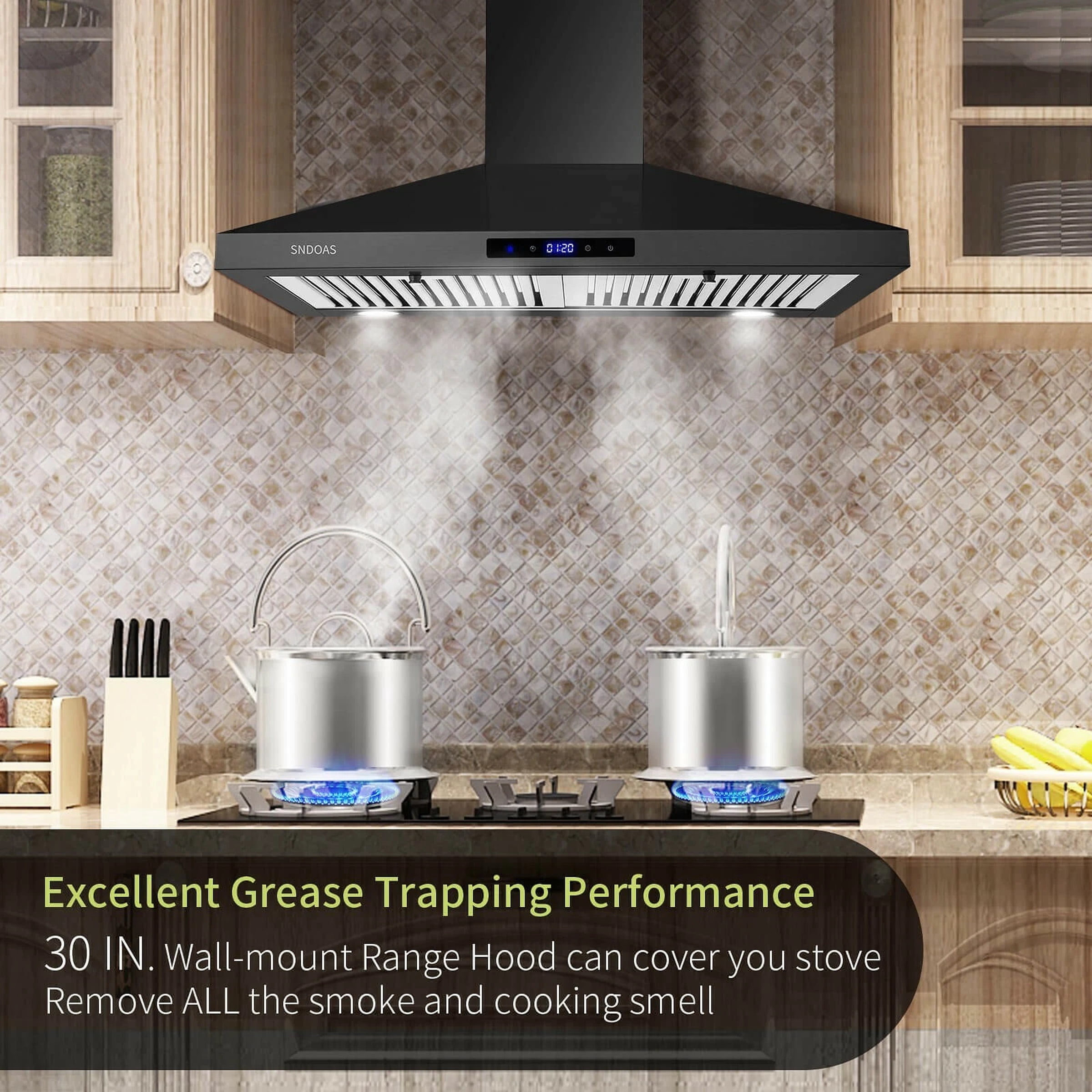 30in Wall Mount Range Hood 3-Speed Touch Control 350CFM Vented Black Easy Clean
