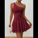 thumbnail image 4 of Vestido Mini de Corte A Sin Mangas con Volantes Escalonados, Fruncido y un Hombro para Mujer Vino Tinto S, 4 of 8