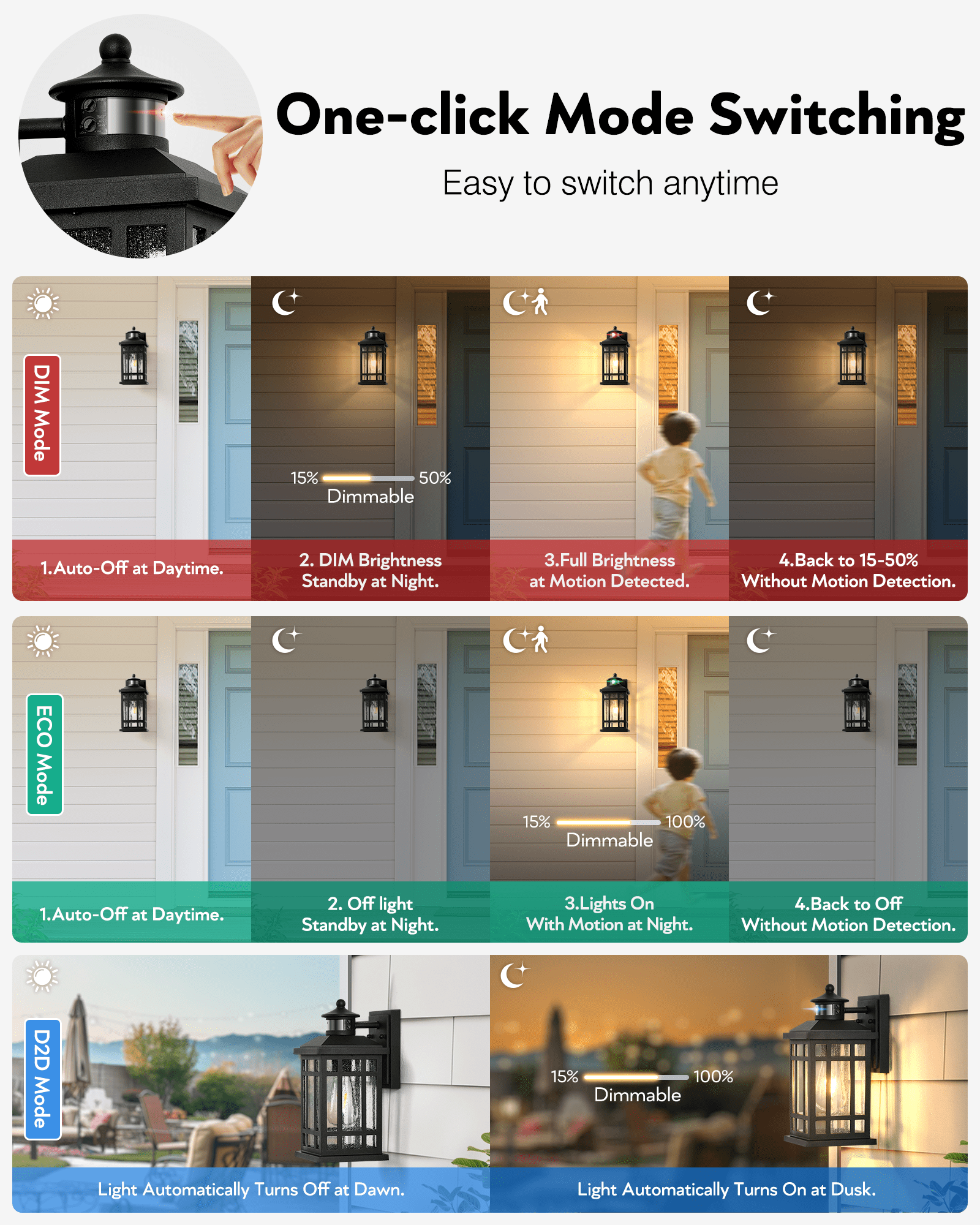 OPAXIS Motion Sensor Outdoor Wall Light, Adjustable Sensing Range Outside Lights for House, Black Dawn to Dusk Sconce Lights for Patio, Anti-Rust Waterproof Porch Lantern Wall Mount with Bubble Glass