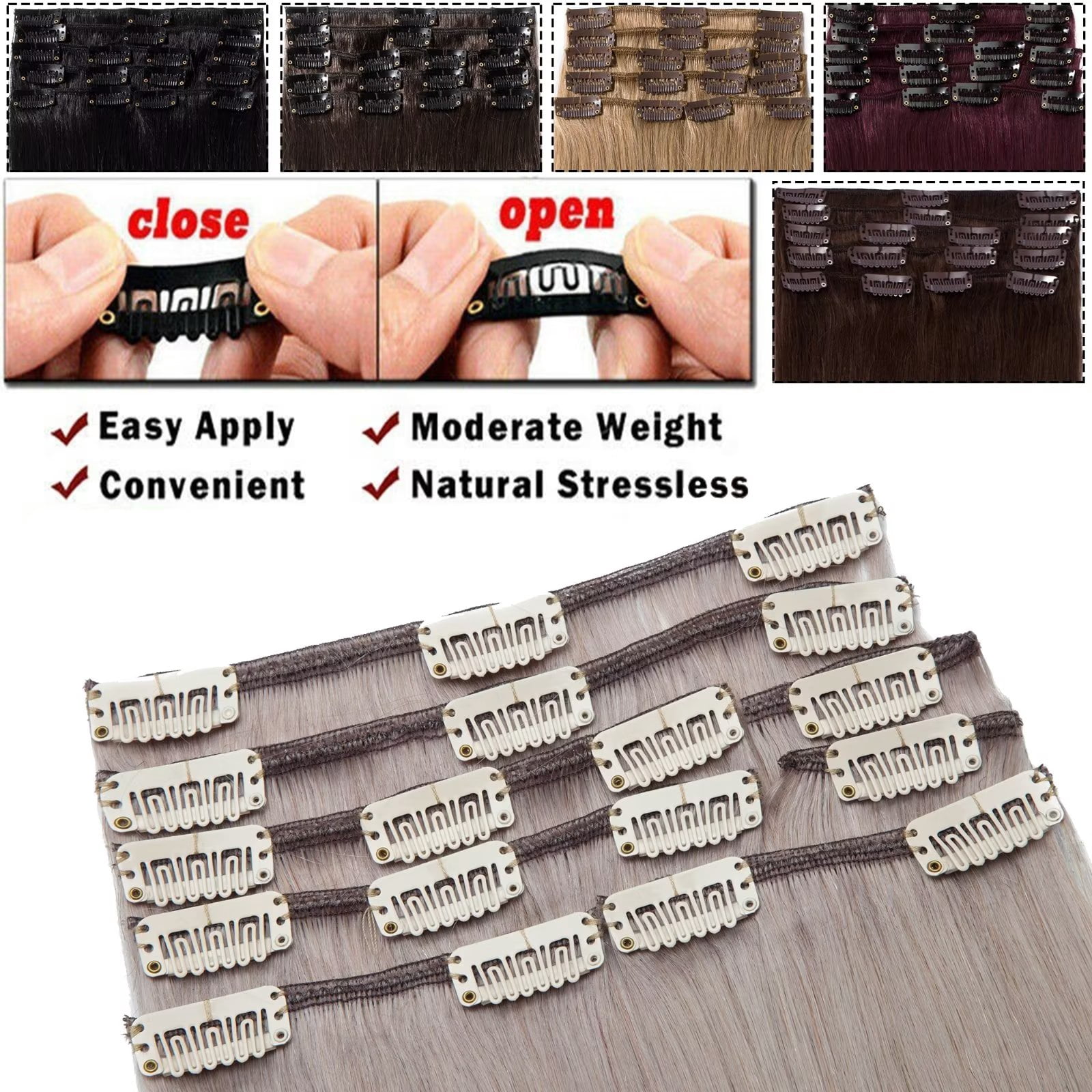 MY-LADY 8Pcs 18Clips Clip in Hair Extensions Human Hair for Women Double Weft Brazilian Remy Straight Human Hair Clip in Hairpiece 20inch #GREY