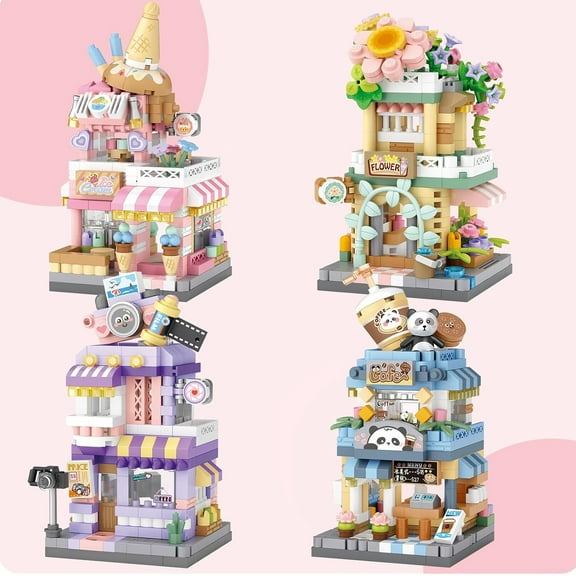 SKQIT 4 Mini City Shop Street View Building Blocks Model Set,Simulation Architecture Collection Particle Construction Building Bricks Toy,Home Decoration