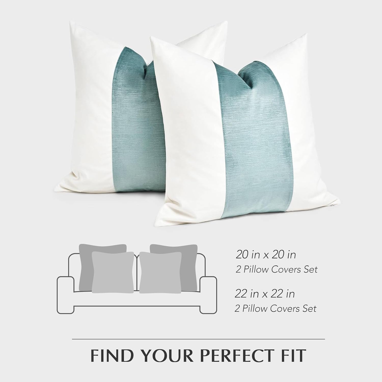 EVERGRACE Walsh Signature Velvet Panel Cotton Pillow Covers Set of 2, Decorative Pillow Covers 20"x20" for Couch, Square Cushion Cases for Sofa Bedroom Living Room, Aquamarine