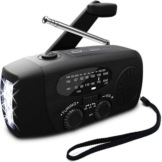 Vevaradio med solceller och ficklampa - Powerbank --Svart -WELLNGS