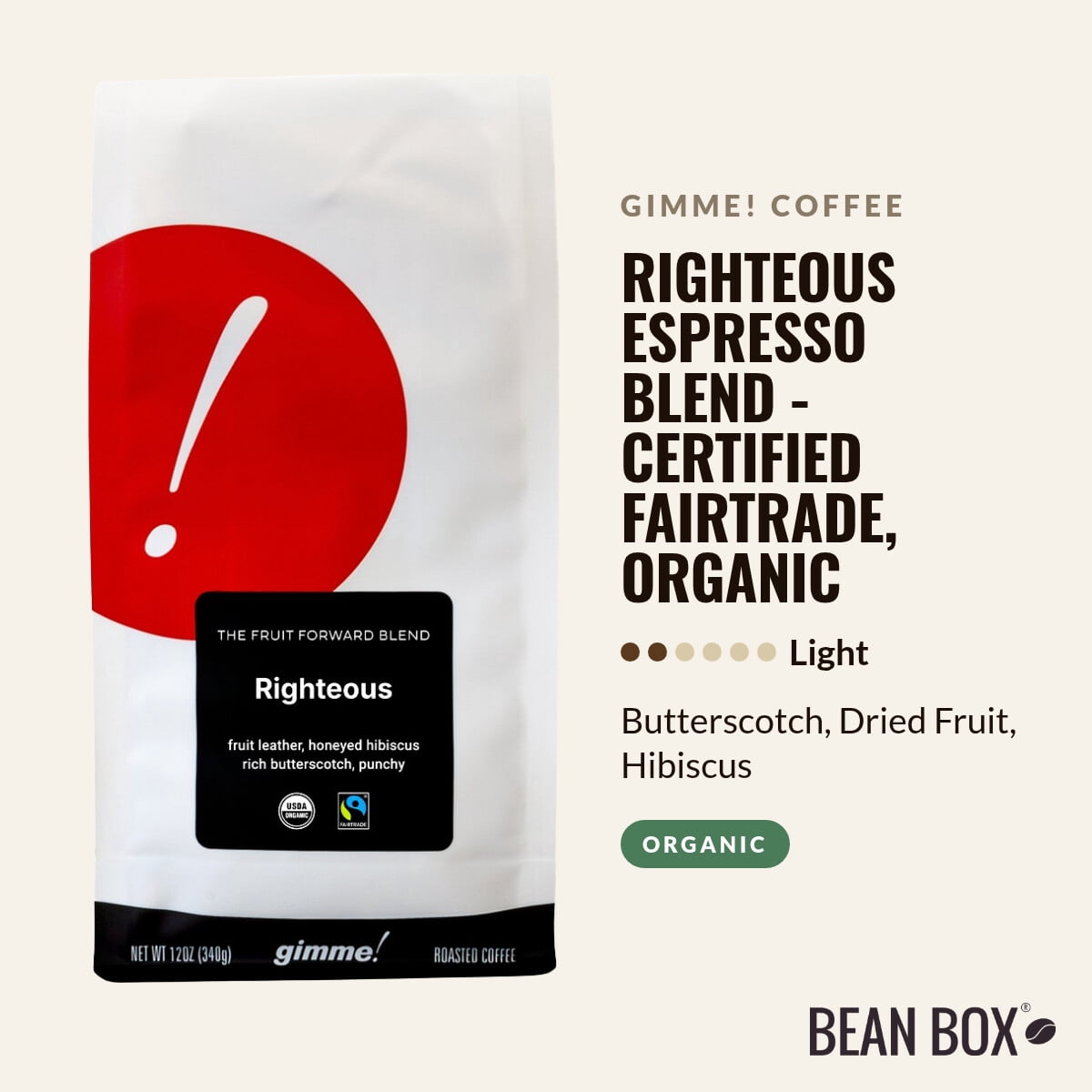 Righteous Espresso Blend - Certified Fairtrade, Organic - Roasted by Gimme! Coffee - Whole Bean Coffee - 5lb Bag