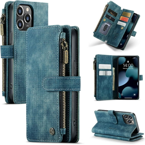 iPhone 13 Pro Wallet Case,Premium Leather Folio Flip Case Zipper Wallet Case [7 Card Slot][Kickstand] Shockproof Protective Detachable Magnetic Back Cover for iPhone 13 Pro 2021 (Teal)