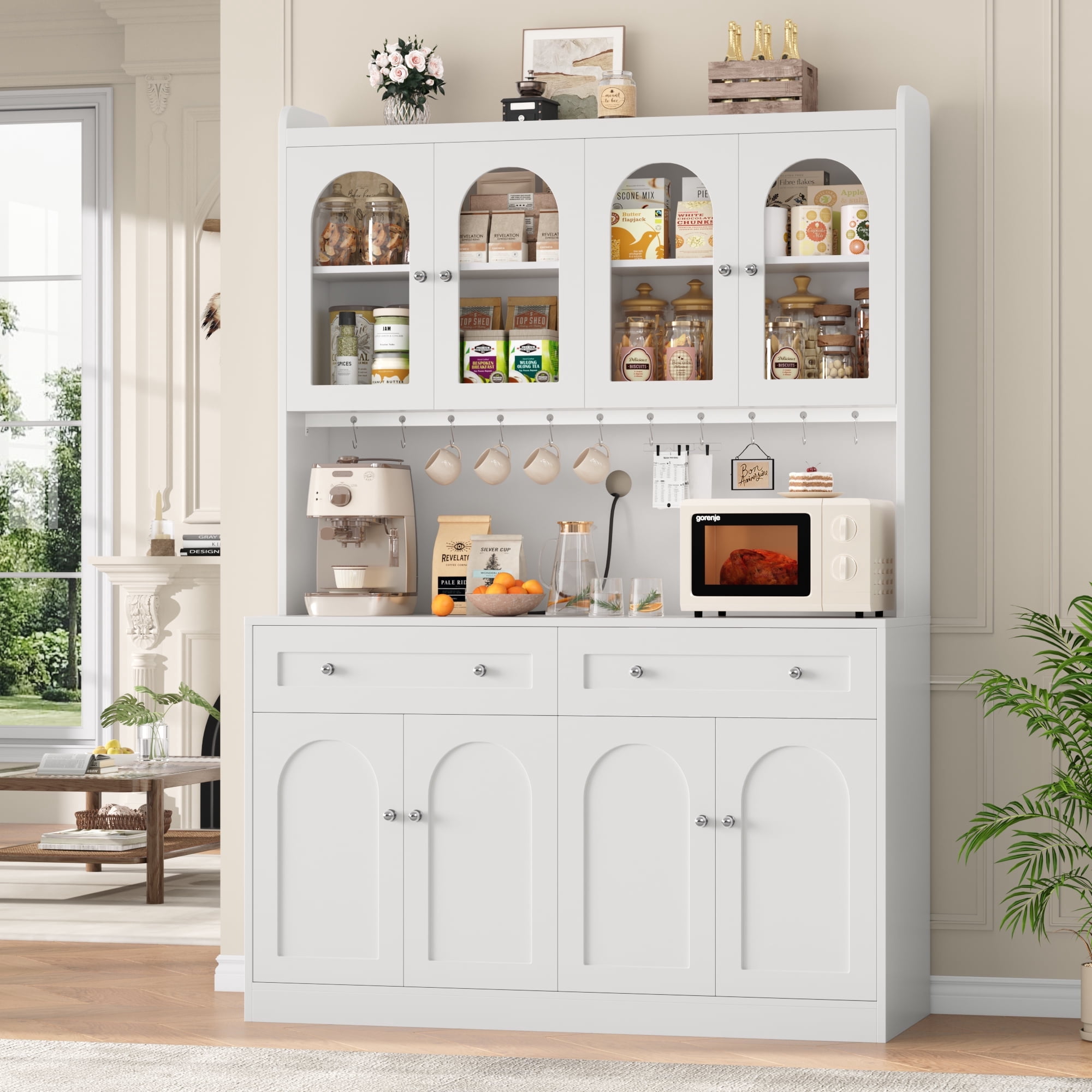 Homfa 73" Kitchen Pantry with Glass Doors, Freestanding Kitchen Cupboard with 2 Drawers & Microwave Hutch, Wood Storage Cabinet for Dining Living Room, White