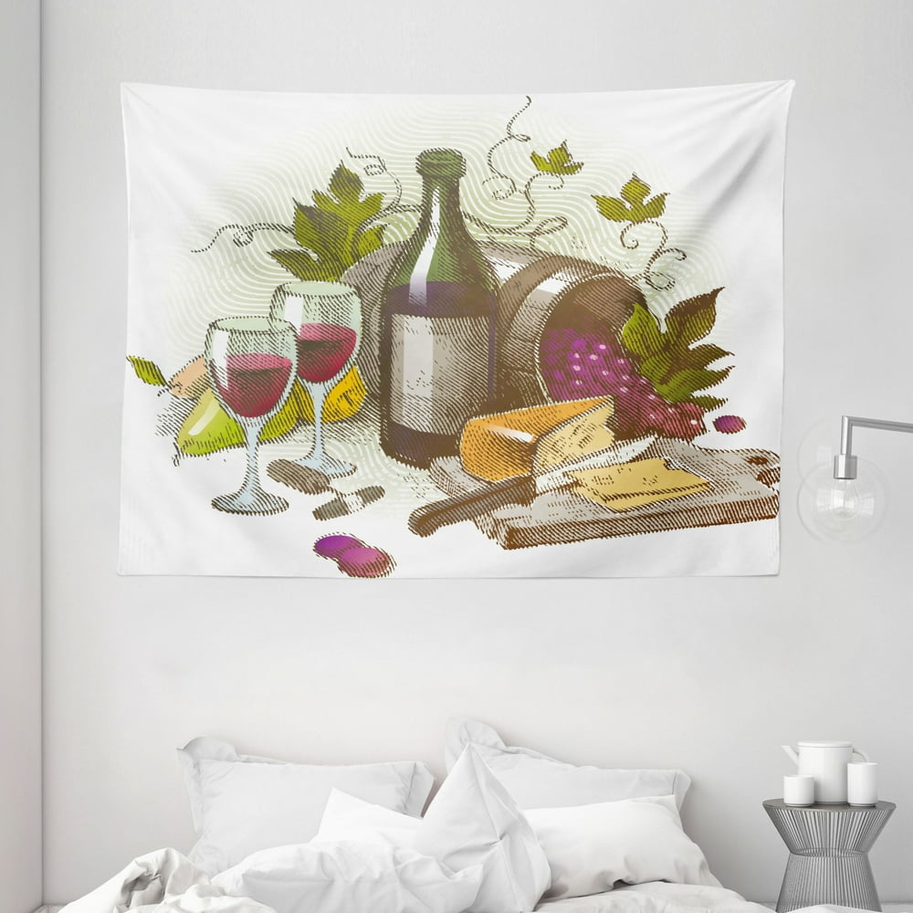 Wine Tapestry, Vintage Style Composition with Wine and Cheese Fruits