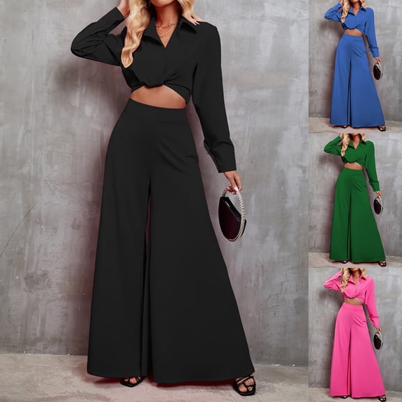 YHAJDS Two Piece Set for Women,Womens Pants Suit Solid Color Long Sleeve Lapel Knit Sweater Top with Pants Ladies Warm Fall Winter Fashion Casual Suit