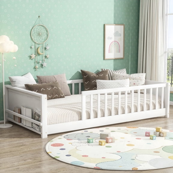 Twin Size Wooden Platform Bed with Safety Guardrails & Built-in Bookshelf, Montessori Kids Floor Bed Frame with Opening