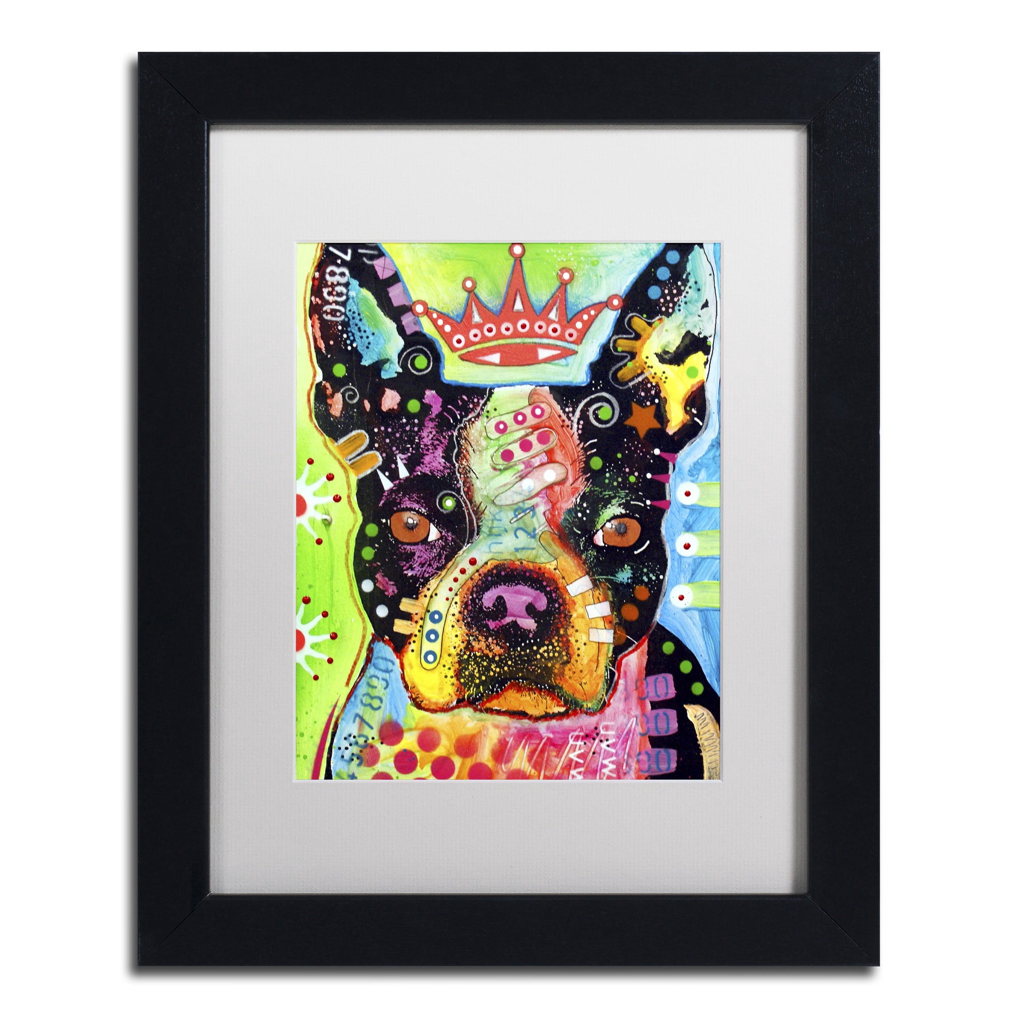 Trademark Fine Art "Boston Terrier Crowned" Canvas Art by Dean Russo, White Matte, Black Frame