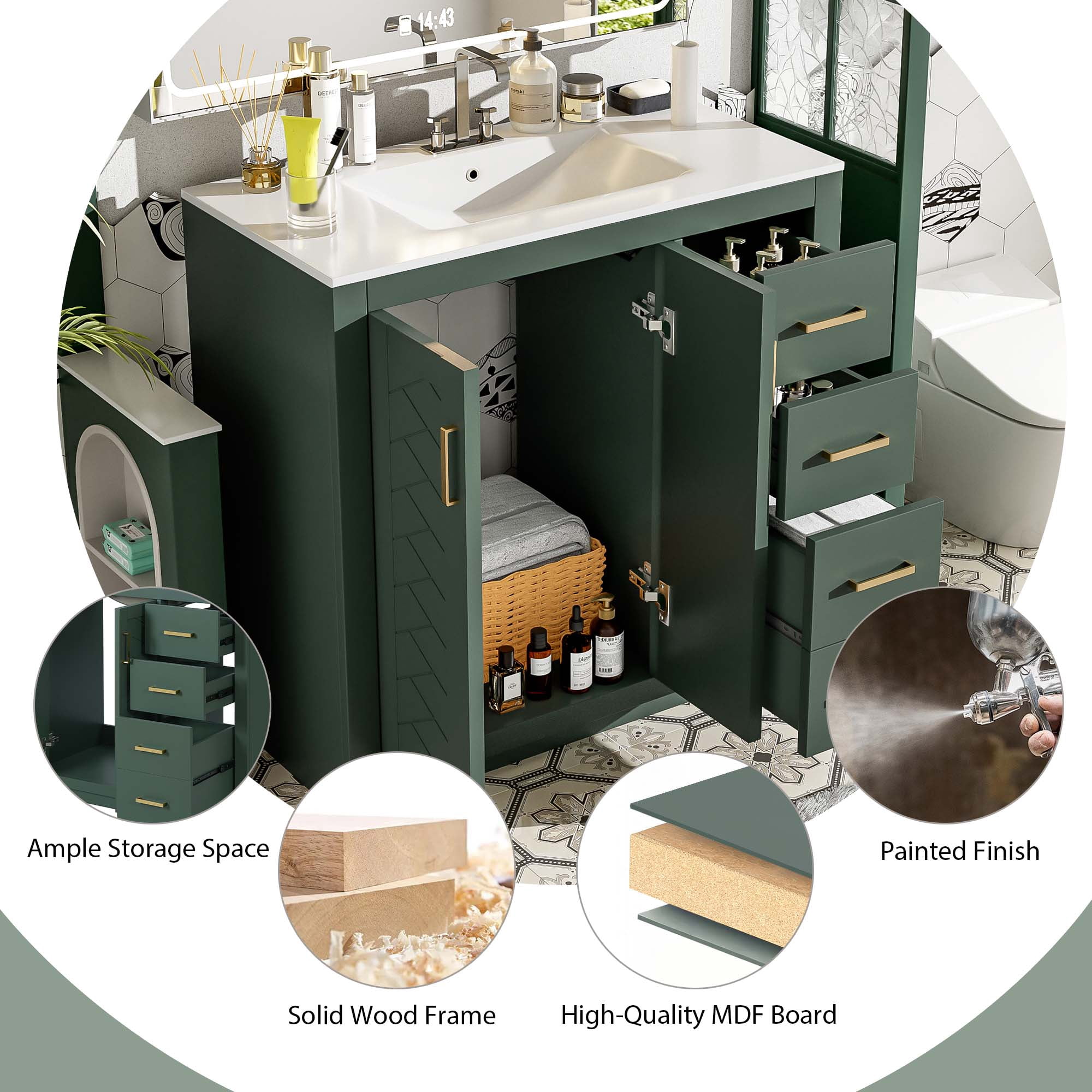Harper & Bright Designs 36" Bathroom Vanity with Sink, Bathroom storage Cabinet with Drwers and Soft Closing Doors, Green