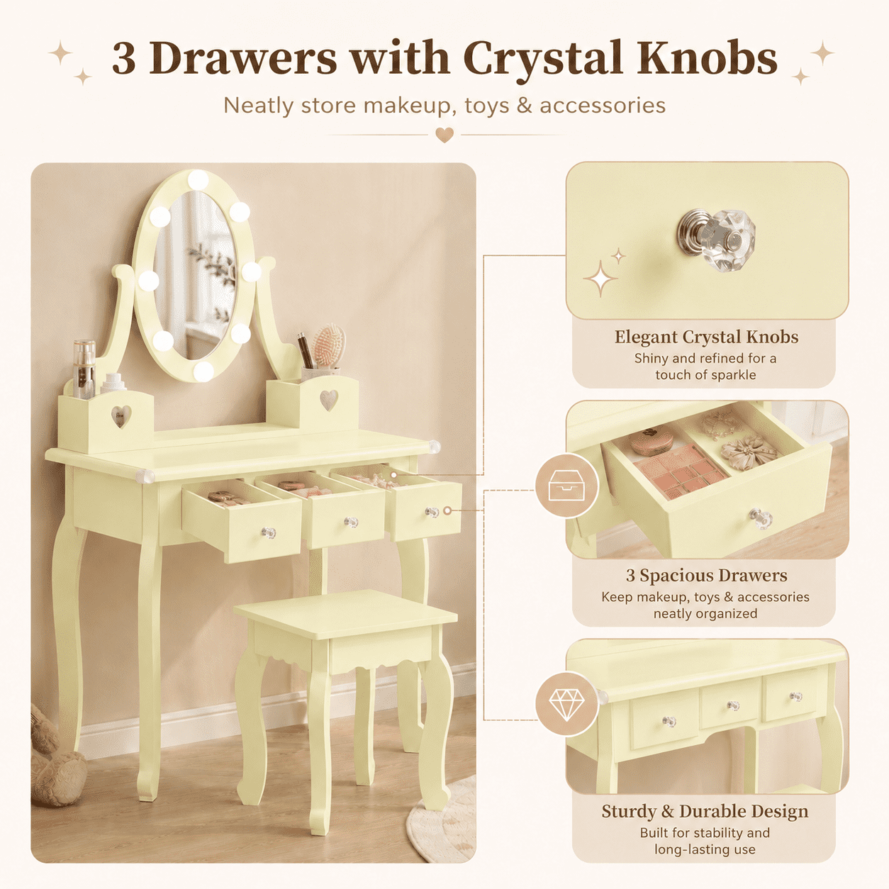 Ktaxon Kids Play Makeup Vanity Set with 3-Color Light, Girls Vanity Dresser Desk with Matching Stool, Light Yellow