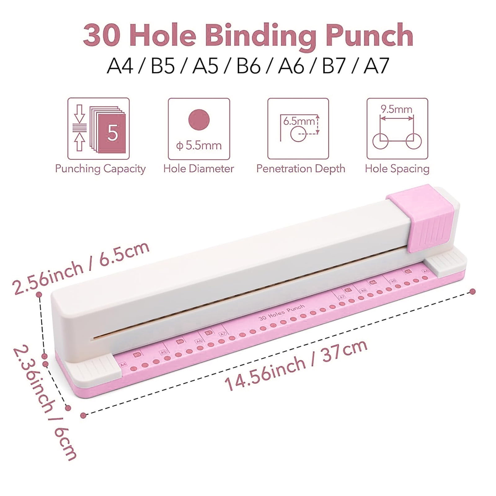 Chanana 30 Hole Paper Punch, Binding Machine for Planner, A4 A5 A6 A7 B5 B6 Book Binder Notebooks Loose Leaf Paper Punch Machine, Portable Adjustable Hole Puncher, 5-Sheet Capacity, for Office