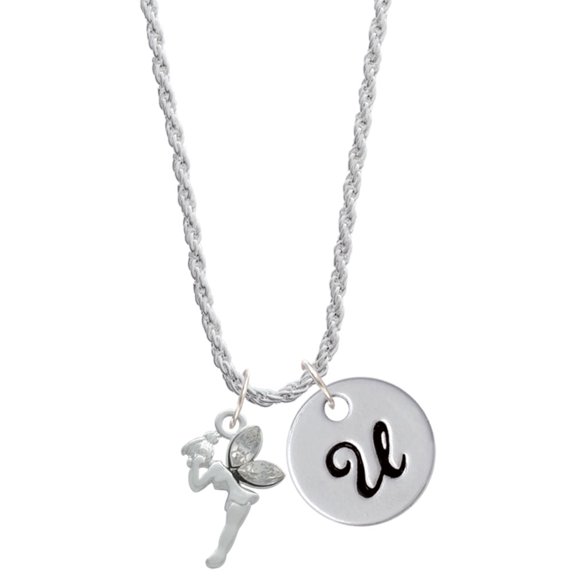 Delight Jewelry Silvertone Small Fairy with Clear Wings Silvertone Script Initial Disc - U - Charm Necklace, 20" 3"