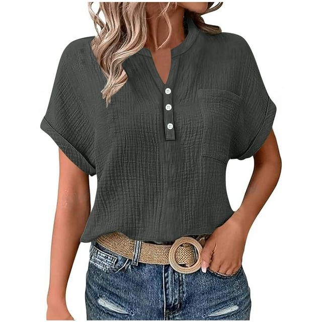 Kyusrd Summer Tops for Women Woman Fashion Solid Color Button Short Sleeve V-Neck Pocket Blouse Top