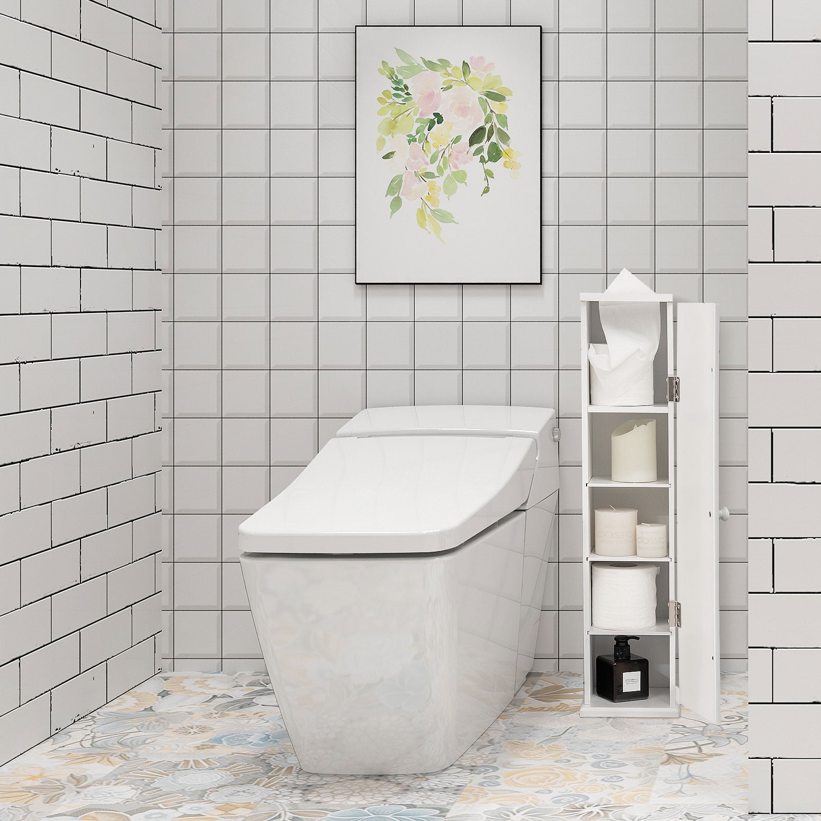 Topbuy Bathroom Tissue Paper Holder Narrow Tall Storage Cabinet Toilet Side Storage Shelf White