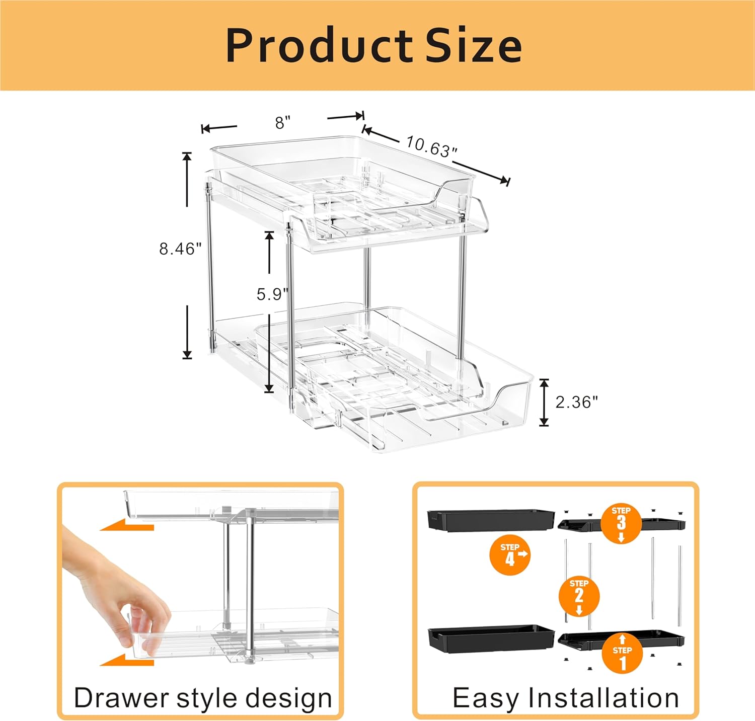 4 Pack Bathroom Under Sink Organizers and Storage, 2-Tier Pull Out Medicine Cabinet Organizing- Kitchen, Pantry, Medicine Storage Bins, Vanity Makeup.(Clear,10.63" L x 8.0" W x 8.46" H).